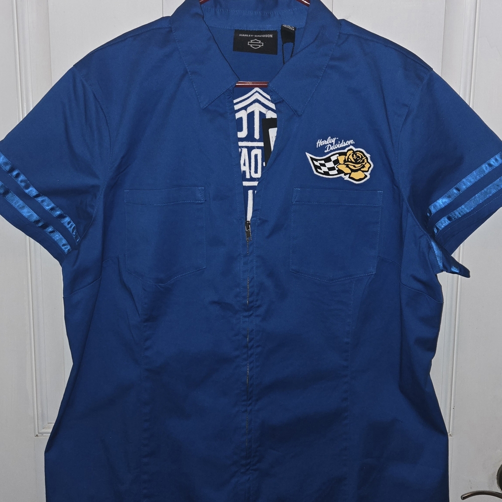 Harley-Davidson Blue Shirt with Yellow Rose and Checkered Flag